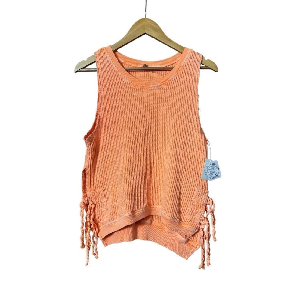 Free People FP One Sleeveless Interlaken tank blouse top Neon Orange Dropped Arm
